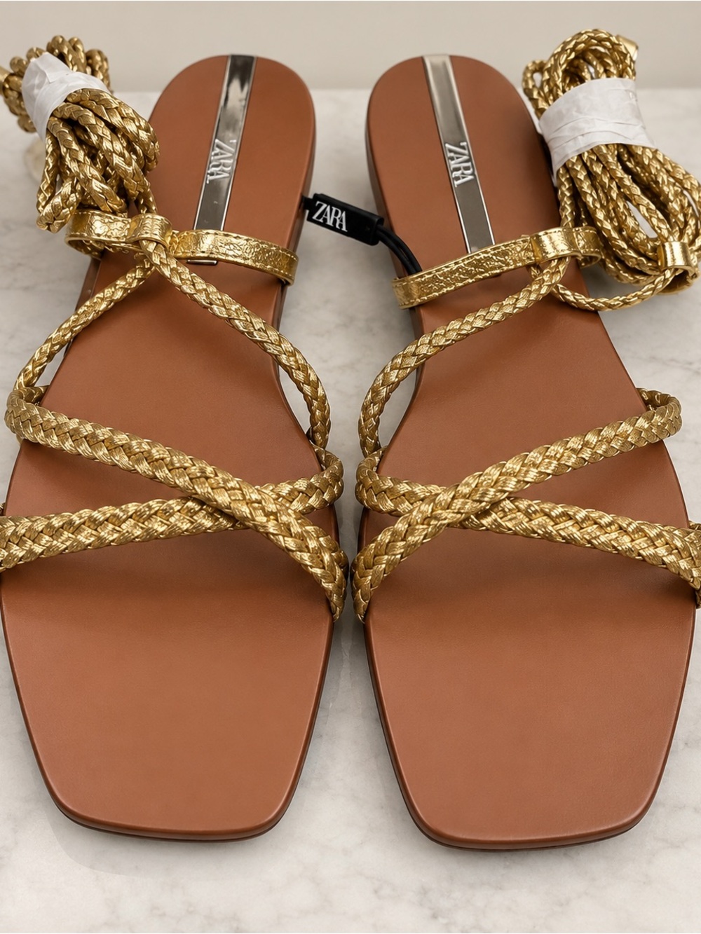 Zara Metallic Gold Braided Lace-Up Flat Sandals with Brown Footbed